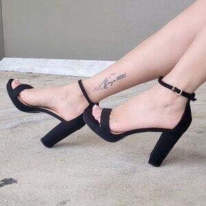 Women's Suede Ankle Strap Block Heel Dress Sandals Black Color